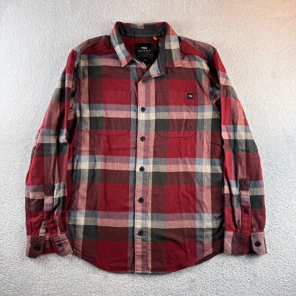 Sitka Mens Plaid Flannel Long Sleeve Button Down Shirt Red Grey Size Medium